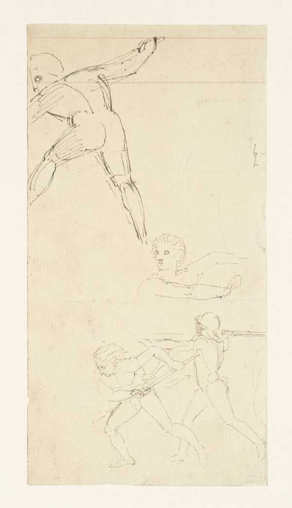 Design for R. Pollard’s ‘The Peerage of Great Britain and Ireland’; Matthew de Johnson Defeating the Earl of Douglas and Taking his Brother the Earl of Ormond Prisoner: Studies of Fighting Men