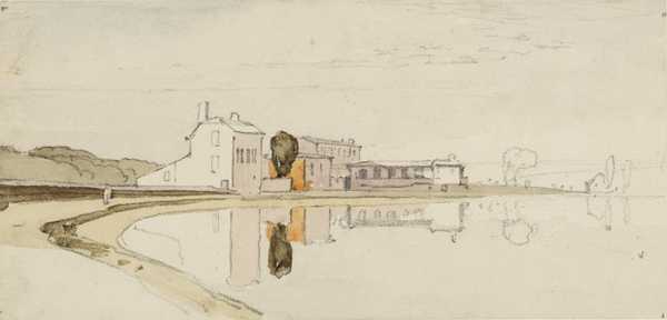 Lake or River Bank, with Houses