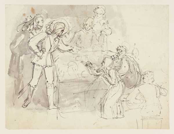 Scene in Elizabethan Costume, Noblemen Meeting a Beggar Woman