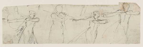 Design for Illustration to ‘Chinese Tales’; ‘History of Jezdael’: Four Studies of a Girl Shooting with a Bow. Verso: Sketches