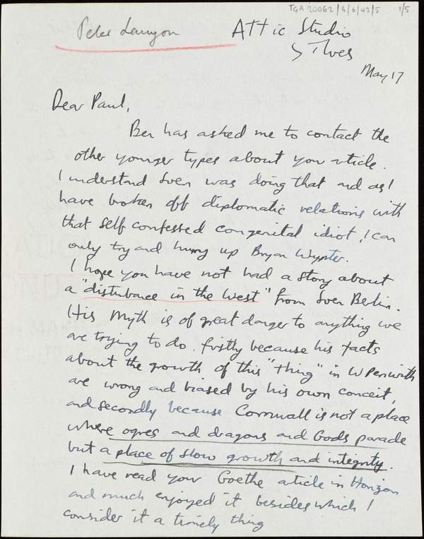 Letters from Peter Lanyon to J.P. Hodin‘, Peter Lanyon, recipient Dr J