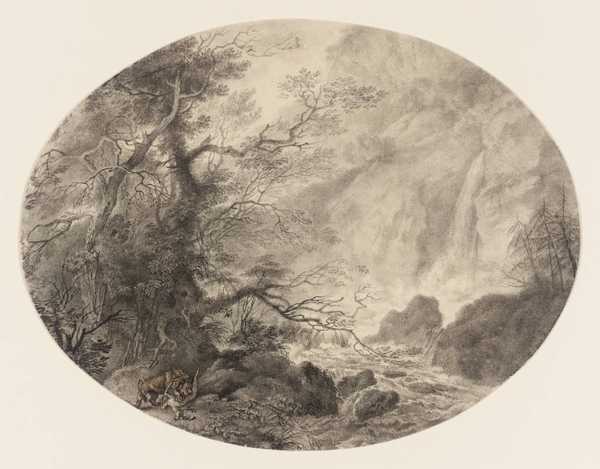 Trees and Waterfall, a Lion Devouring a Deer
