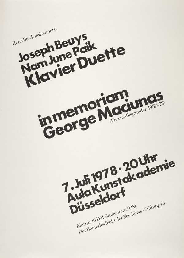 Réne Block Presents: Joseph Beuys, Nam June Paik, Klavier Duette in Memoriam George Maciunas (Fluxus Begründer 1932 - 78), Aula Kunstakademie, Düsseldorf