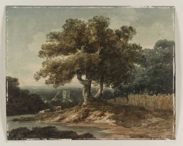 Landscape with Trees and a Fence, a Church in the Distance