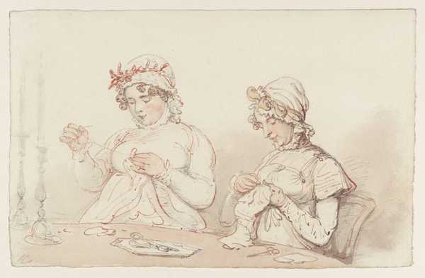 Two Women Sewing by Candlelight