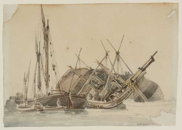 The Hull of a Ship with a Barge and Smaller Boats