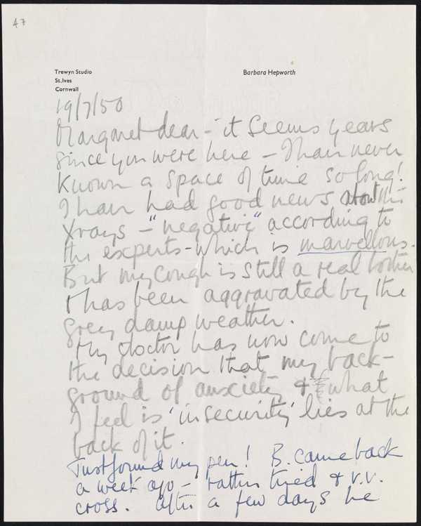 Letter sent by Barbara Hepworth to Margaret Gardiner‘, Dame Barbara ...