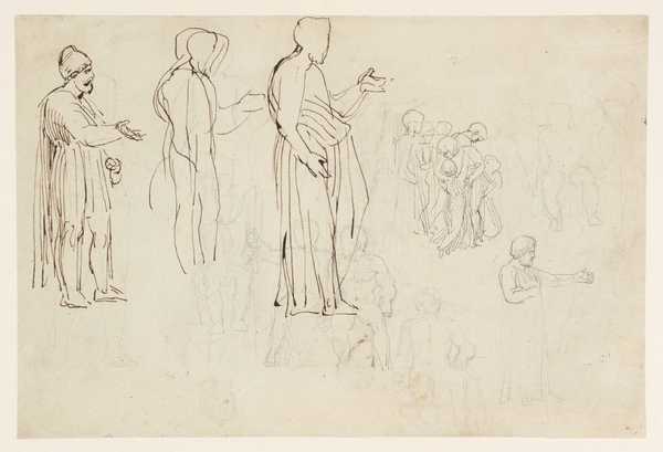 Sketches ?for an Illustration for the ‘Surrender of Calais’: Standing Draped Male Figures. A Group of Women and Children. Seated Male Nudes ?from the Frieze of the Parthenon. Verso: Similar Standing and Seated Figures