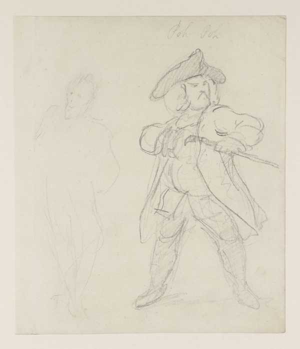 Two Figures, One Fully Worked Up, a Man with a Sword. Caricature