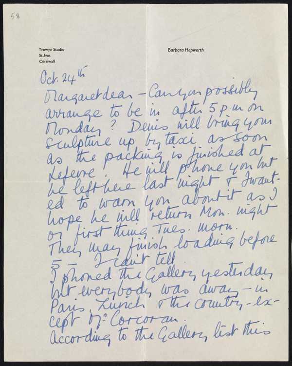 Letter sent by Barbara Hepworth to Margaret Gardiner‘, Dame Barbara ...