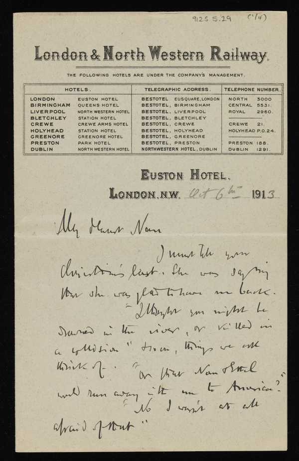 Letter from Walter Sickert to Nan Hudson, addressed Euston Hotel ...