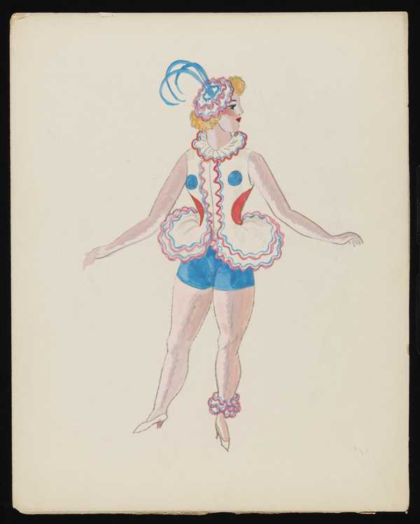 Untitled Costume Design Showing A Female Figure Wearing A White Top With Red And Blue Ruffles