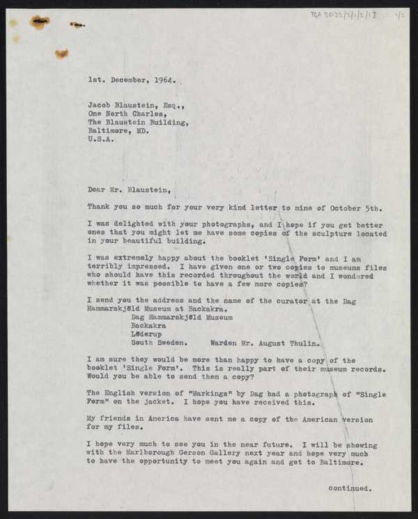 Letter sent by Barbara Hepworth to Jacob Blaustein regarding the ...