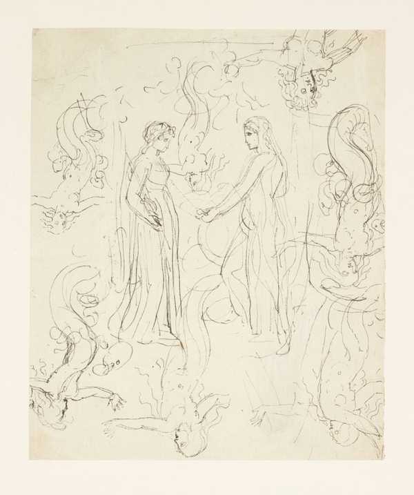 Satan, Sin and Death: Standing Figures, Mermaids, Etc. Verso: Various Studies of Figures with a Spear
