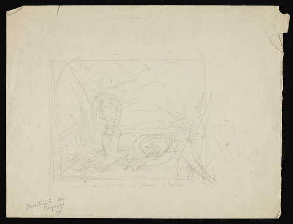 Sketch of figures within a rectangle and sketch of female nudes