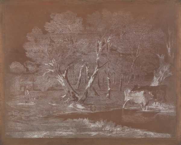 Wooded Landscape with Cows beside a Pool, Figures and Cottage