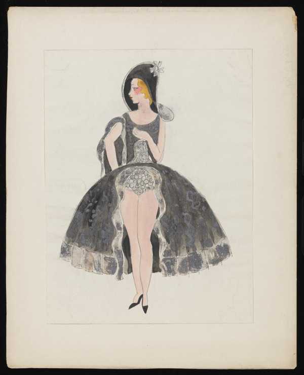 Untitled costume design showing a female figure wearing a black and ...