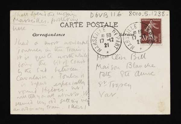 Postcard [from Duncan Grant] to Vanessa Bell‘, Duncan Grant, recipient ...