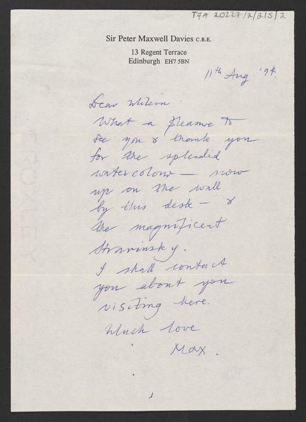 Letter from [Peter Maxwell Davies] to Milein Cosman‘, Peter Maxwell ...