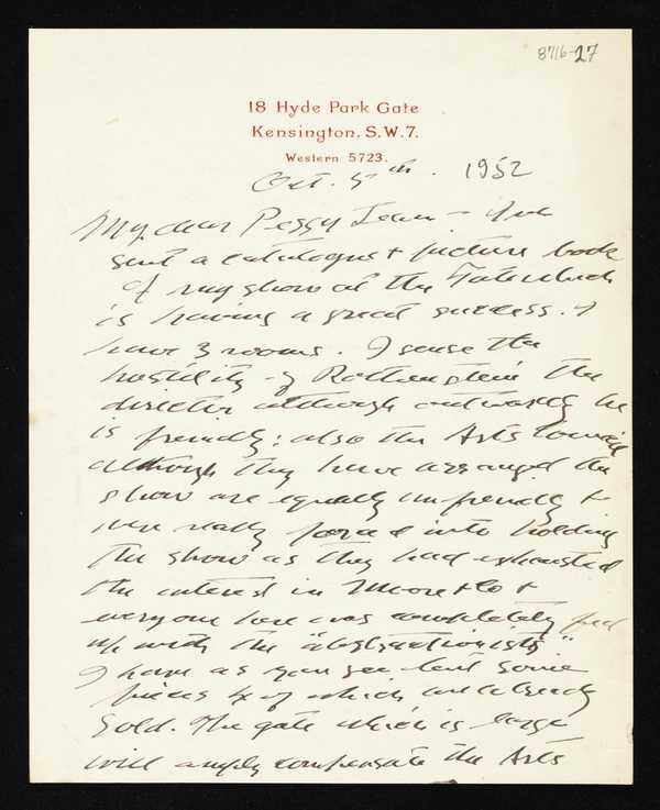 Letter from Jacob Epstein to Peggy Jean‘, Sir Jacob Epstein, recipient ...