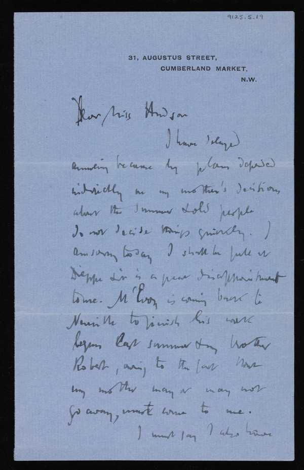 Letter from Walter Sickert to Nan Hudson, addressed 31 August Street ...