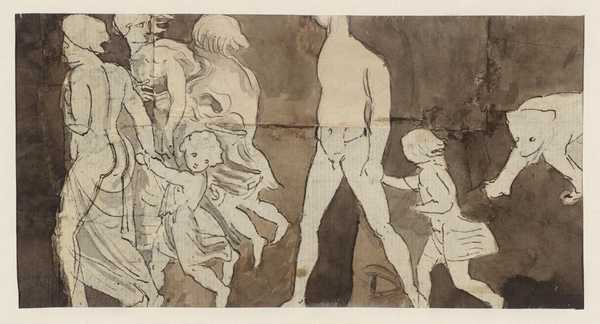 A Man, Girls and Children Pursued by a Bear. Verso: Studies of Women Bathing, Etc.