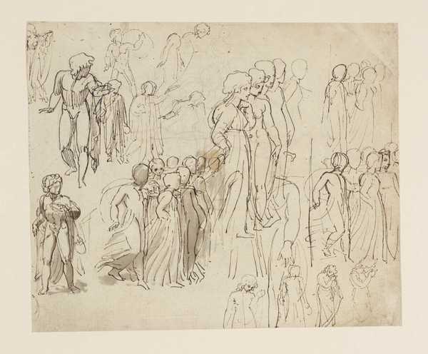 Studies of a Group of Spectators, Women, Nude Warriors, Etc. Verso: Angels and Floating Figures Surrounding a Female Figure