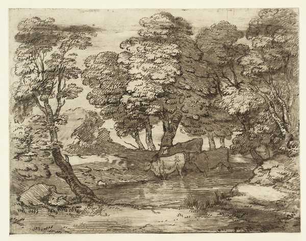 Wooded Landscape with Three Cows at a Pool