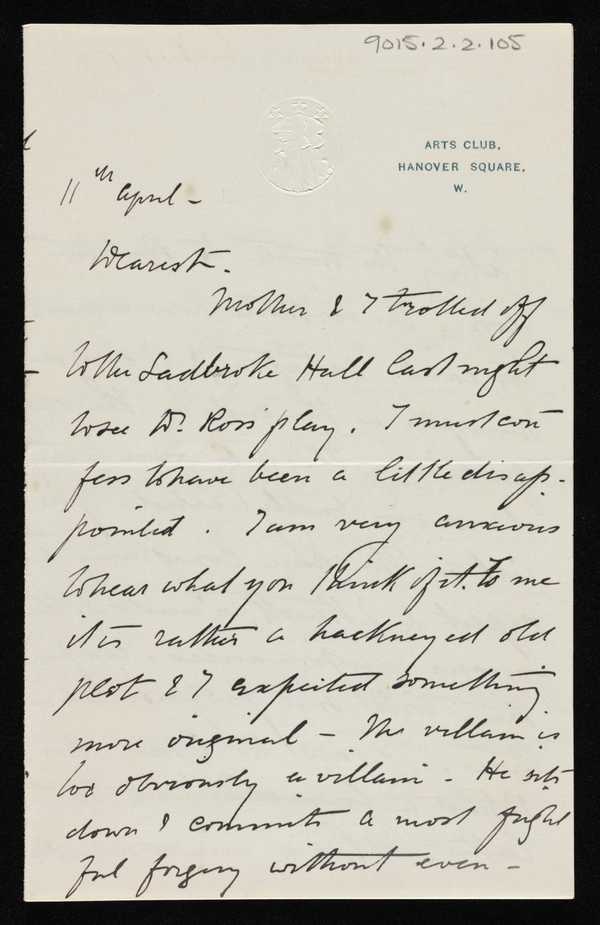 Letter from Stanhope Forbes to Elizabeth Armstrong, addressed Arts Club ...