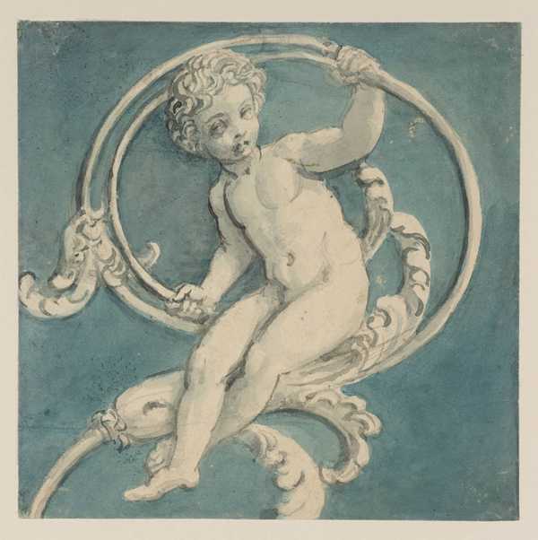 A Putto in an Arabesque, Blue Background: ?Design for the Decoration of One of the Lunettes at Buckingham Palace Executed by Bernasconi