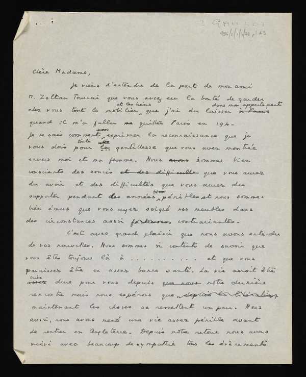 Letter from Ronald Moody to Madame Gaillot, concierge, drafted in ...