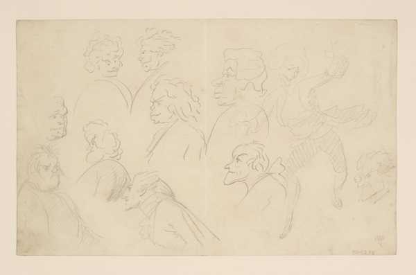 Sheet of Caricature Heads (Eleven). Verso: (a) Two Men Conversing; (b) A Man and Woman Embracing