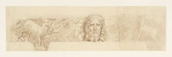 Design for a Frieze. An Antique Head, Oak Sprays and Goats