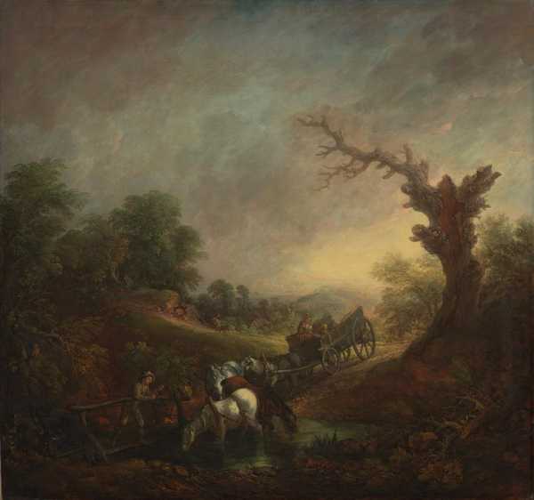 Sunset: Carthorses Drinking at a Stream