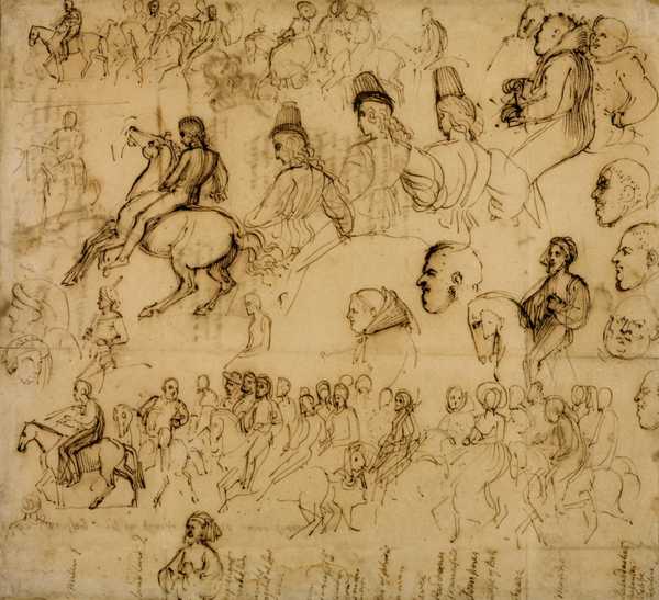 Sketch for ‘The Pilgrimage to Canterbury’, with studies of heads, figures on horseback, and two group sketches