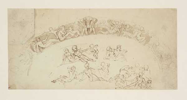 Design for a Frieze - Boys with a Panther, Putti Bearing Baskets of Flowers, Etc. Below, Rough Sketches of Similar Figures.