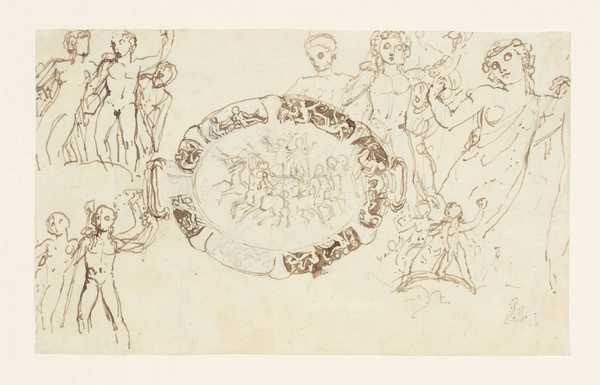 Study for the Wellington Shield: Design for the Shield, Surrounded by Sketches of Various Figures. Verso: Studies of Horses’ Legs