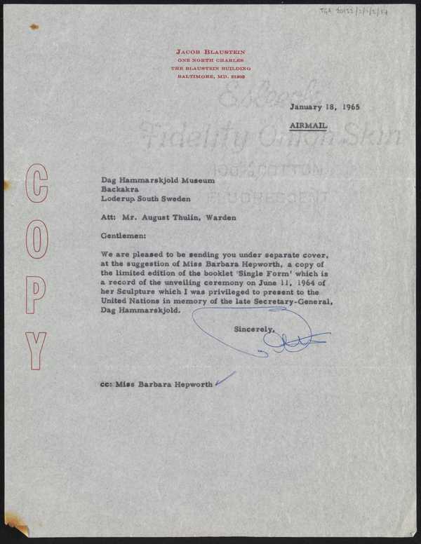 Letter Sent By Jacob Blaustein To Dag Hammarskjold Museum‘, Jacob And ...