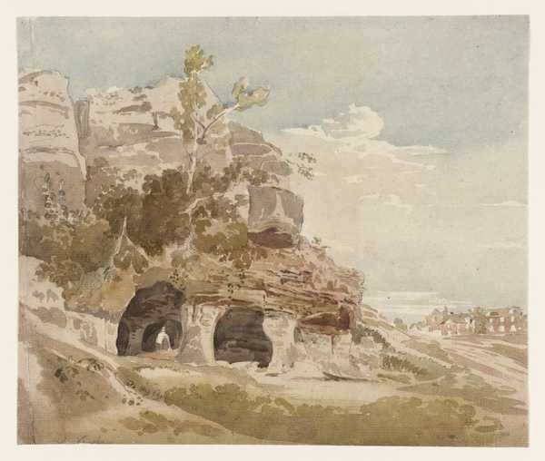Landscape with Cliff, Caves at the Foot, a House in the Distance