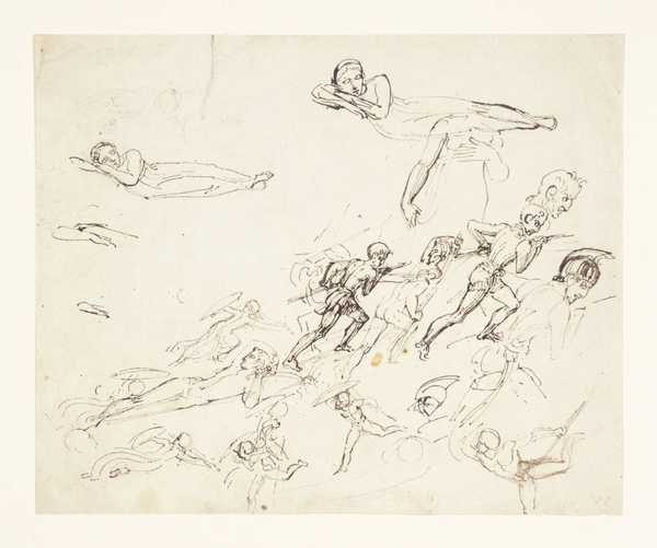 Design for R. Pollard’s ‘The Peerage of Great Britain and Ireland’; Matthew de Johnson Defeating the Earl of Douglas and Taking his Brother the Earl of Ormond Prisoner: Studies of Fighting Men, Maidens with Shields, Recumbent Figures