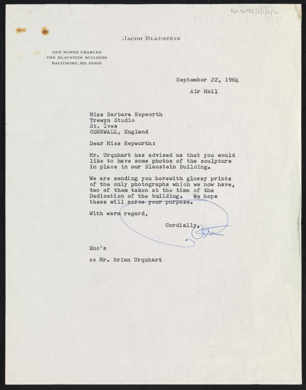 Letter Sent By Jacob Blaustein To Barbara Hepworth Regarding ...