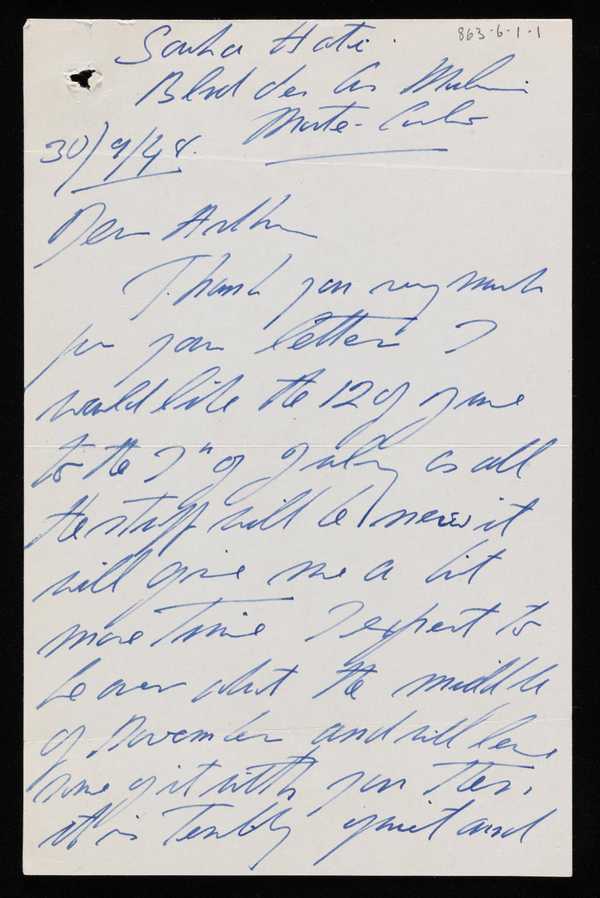 ‘‘Letter from Francis Bacon to Arthur [Jeffress]‘, Francis Bacon, recipient: Arthur Jeffress, 30 July 1948‘, Francis... 