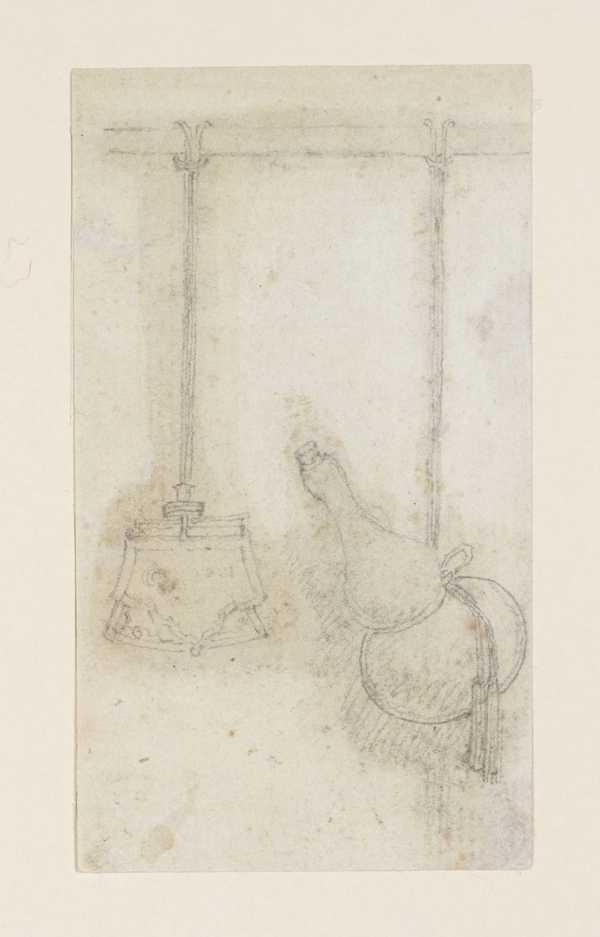 A Satchel and a Bottle Hanging from a Pole