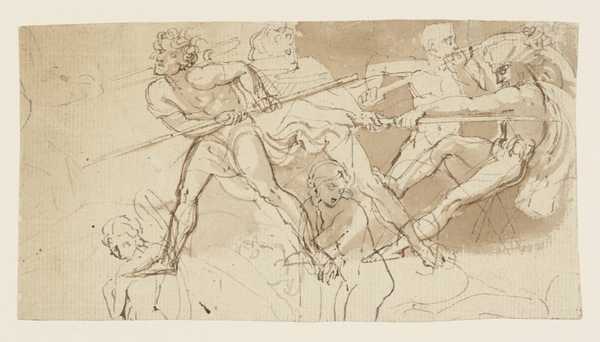 Study Connected with J. Ritson’s ‘Caledonian Muse’: Men with Spears, Fighting. Verso: Sketch