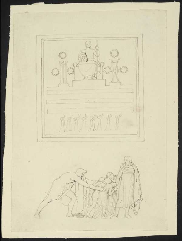 Design for the Setting of a Classical Statue; and a Farewell Scene, Figures in Classical Costume. ?Sophocles