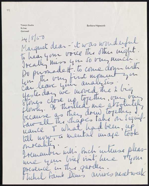 Letter sent by Barbara Hepworth to Margaret Gardiner‘, Dame Barbara ...