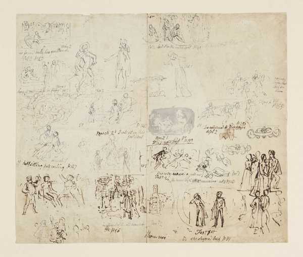 A Sheet with 21 Small Studies of Groups or Incidents. Verso: Designs for Ornamental Cartouches, Etc.