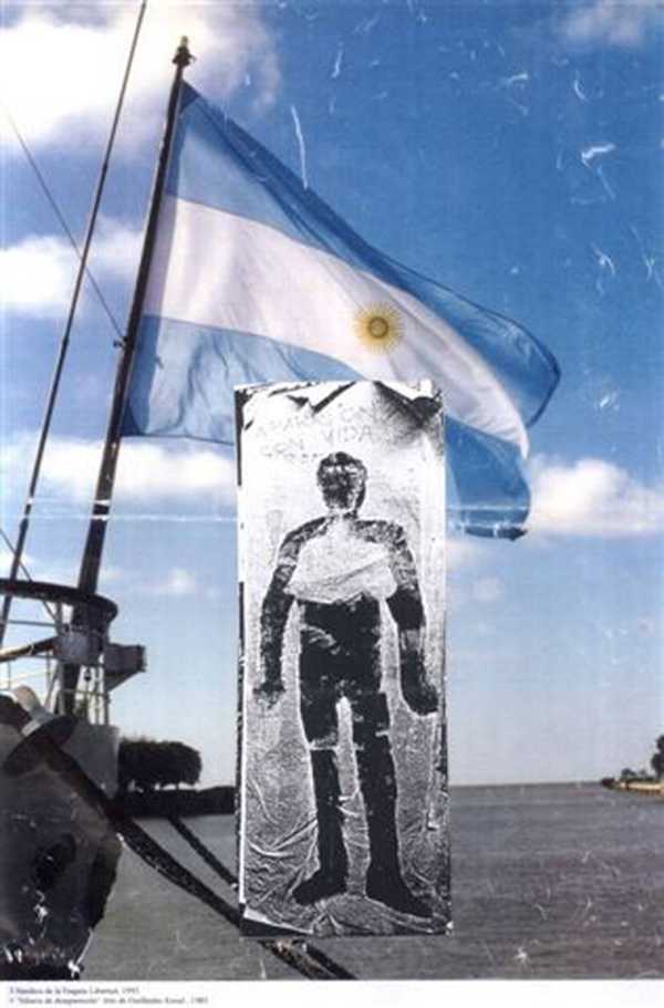 Flag of the ‘Frigate Libertad’, 1995 + Silhouette of a ‘Disappeared’ Person (Photo: Guillermo Kexel, 1983)