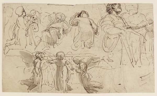 Studies of Kneeling and Recumbent Figures, ?after Raphael. Verso: Sketch