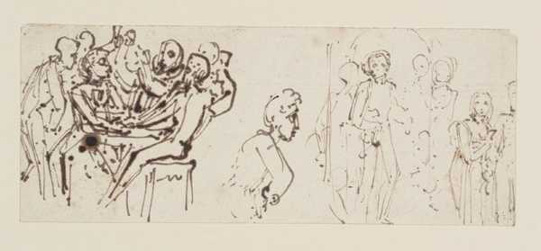 A Group Seated round a Table, and a Couple outside a Church Door. Verso: Another Version of the Second Subject